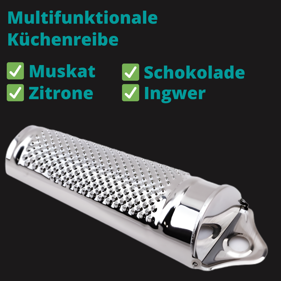 Multifunktionale Küchenreibe mit aufgeführten Anwendungsgebieten: Muskat, Zitrone, Schokolade, Ingwer
