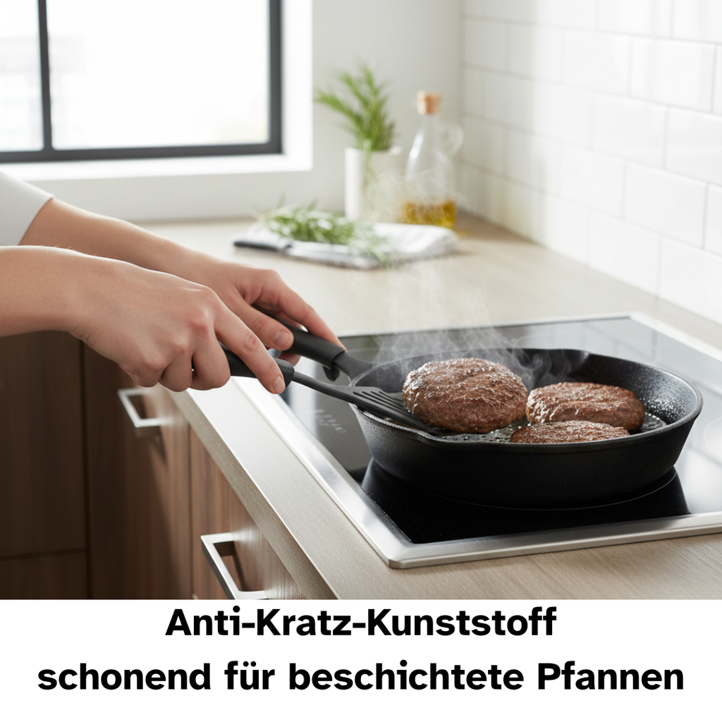 Pfannenwender aus anti-Kratz-Kunststoff wendet ein Burger Patty in beschichteter Pfanne – schonend für empfindliche Oberflächen.