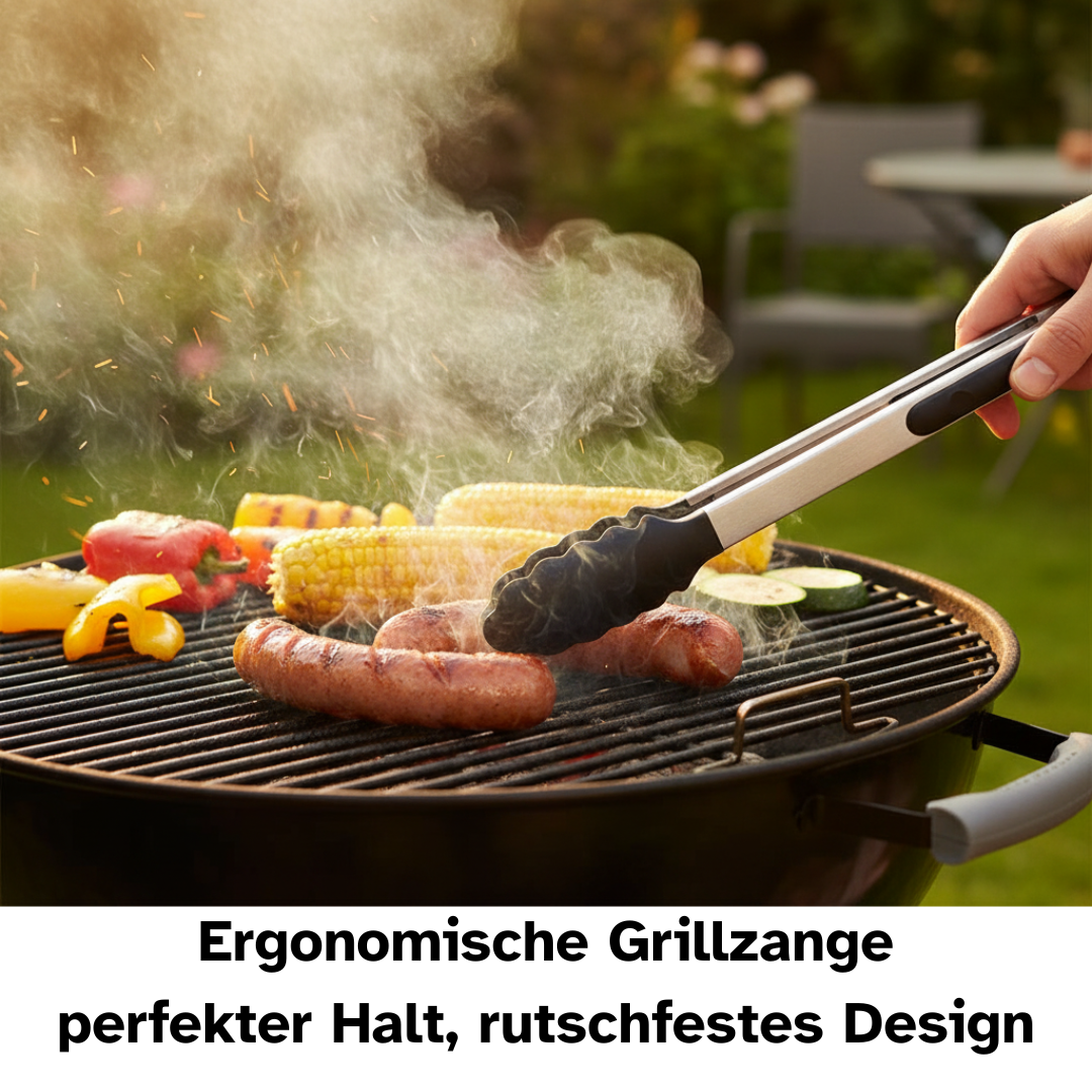 Ergonomische Grillzange wendet ein Würstchen auf dem Grill.