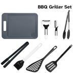 8-teiliges Küchenhelfer Set für BBQ & Küche. Enthalten ist: Grillzangen, Bratschaufel, Pfannenwender, Schneidebrett, Schäler und Grillpinsel.
