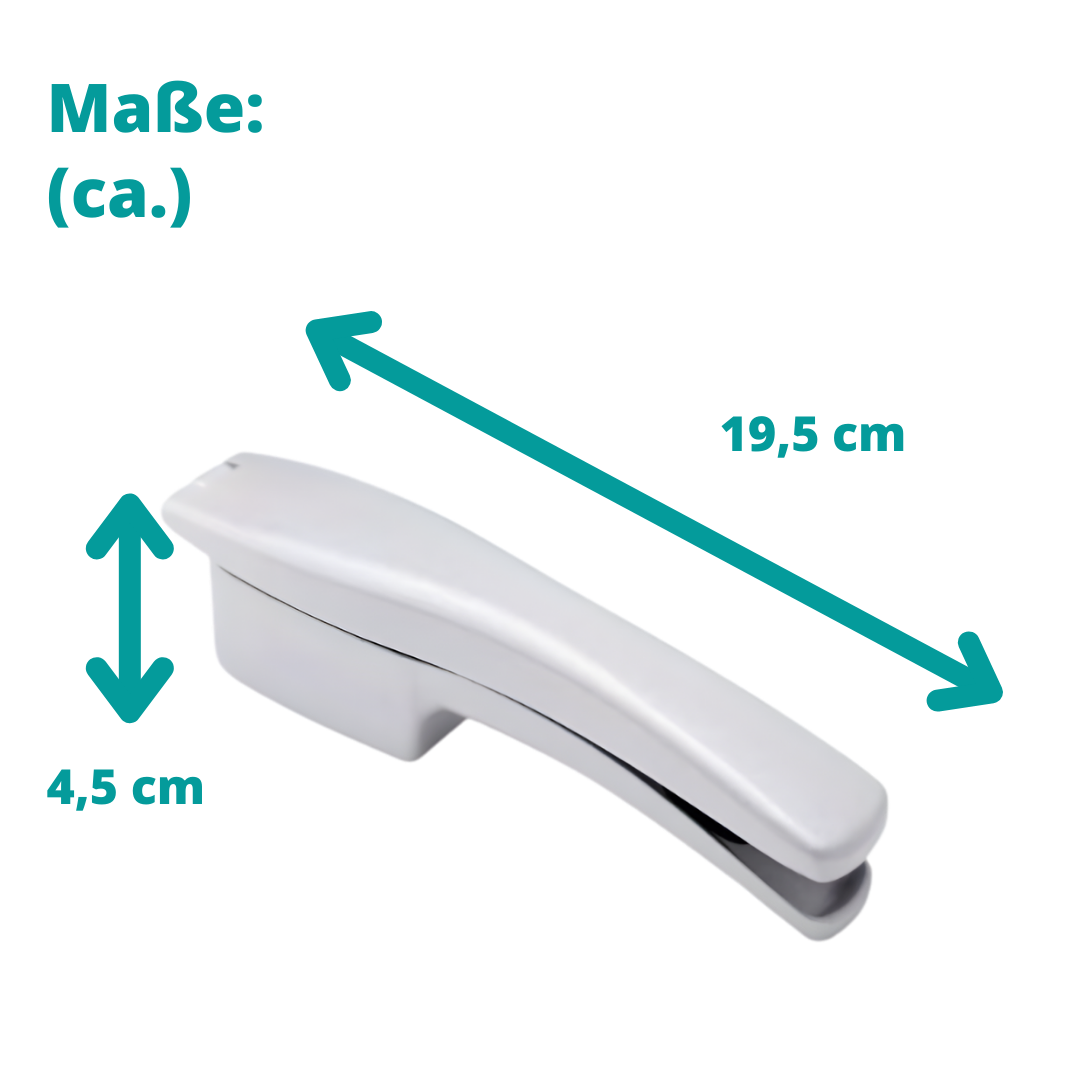 Maße der Knoblauchpresse. Länge ca. 19,5cm und Höhe ca. 4,5cm.