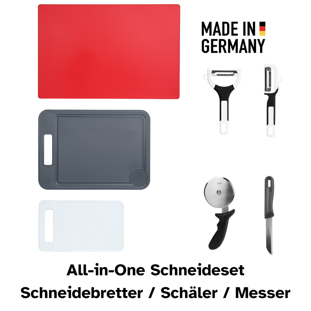 Vielseitiges Schneideset – 7-teilig für die Küche. Enthält alles für den Küchenalltag: Profi-Schneidebrett XXL, Schneidebrett, Frühstücksbrett, zwei Schäler (Zieh- & Pendelschäler), Gemüsemesser und Pizzaschneider.