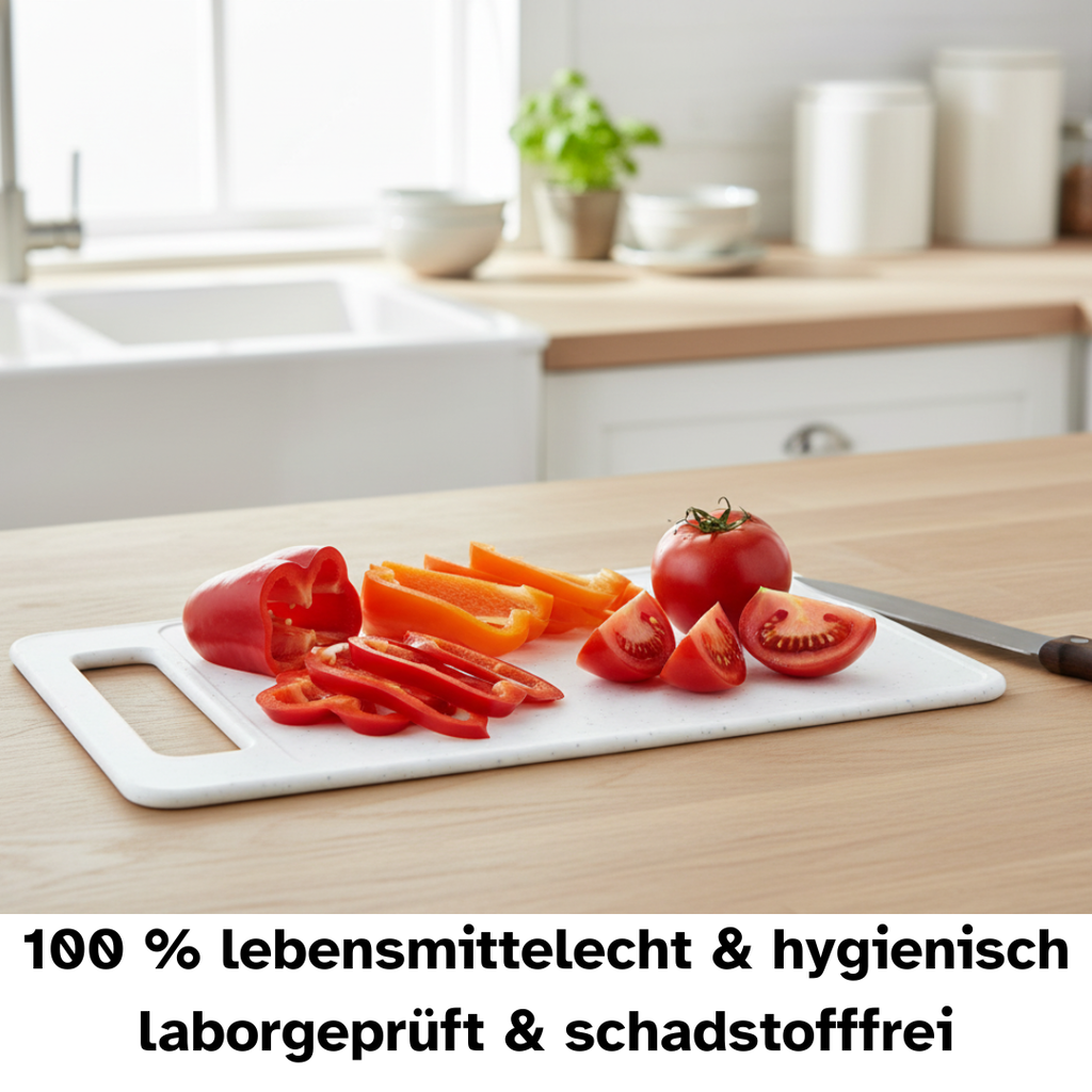 Schneidebrett aus Kunststoff in Verwendung. Das Material des Schneidebretts ist 100% Lebensmittelecht.