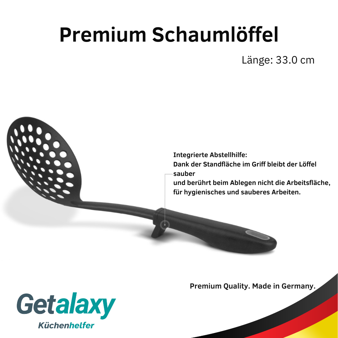 Premium Schaumlöffel mit Abstellhilfe | Abseihlöffel aus Kunststoff | Hitzebeständig bis 270°C