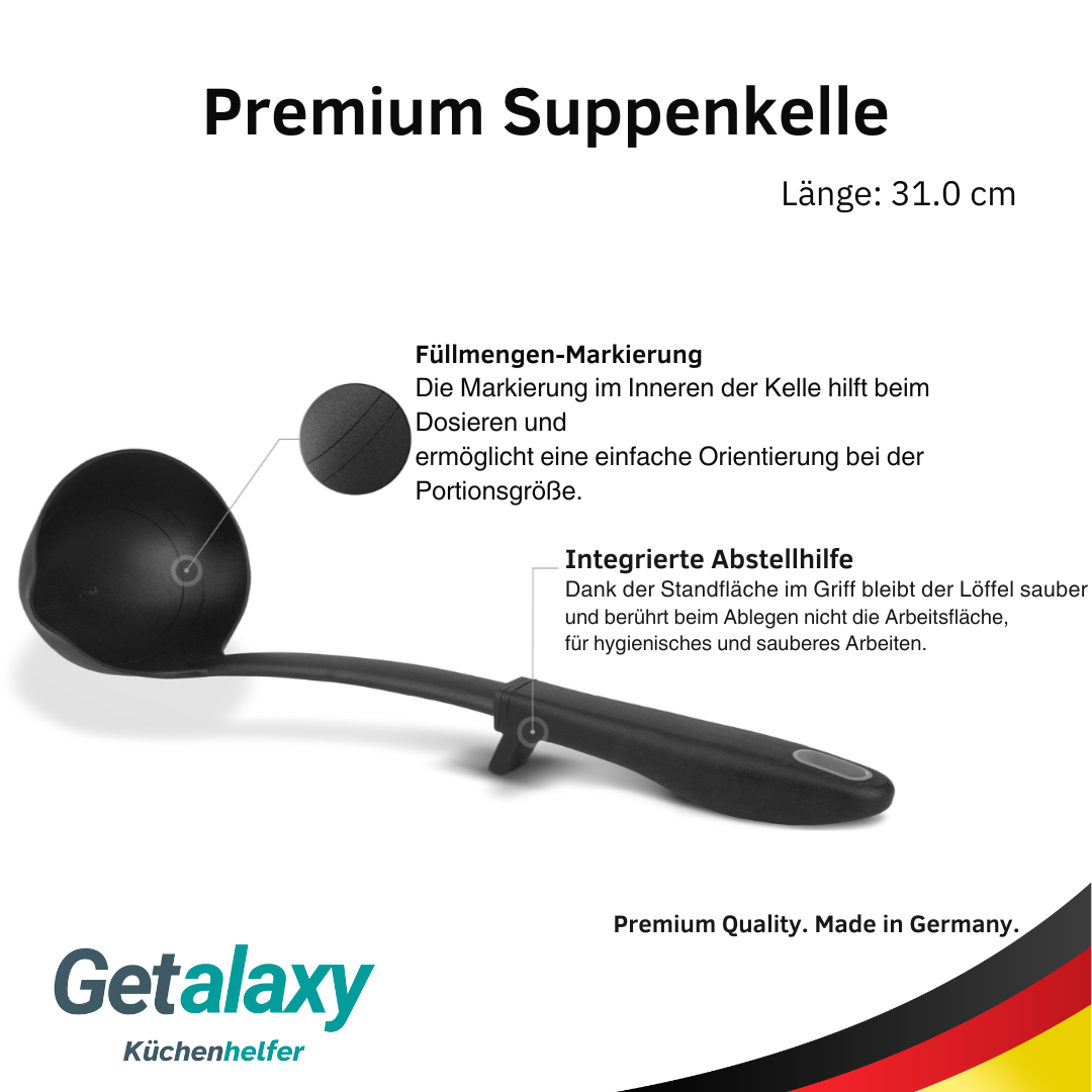 Premium Suppenkelle mit Abstellhilfe | Schöpflöffel spülmaschinenfest | Hitzebeständig bis 270°C
