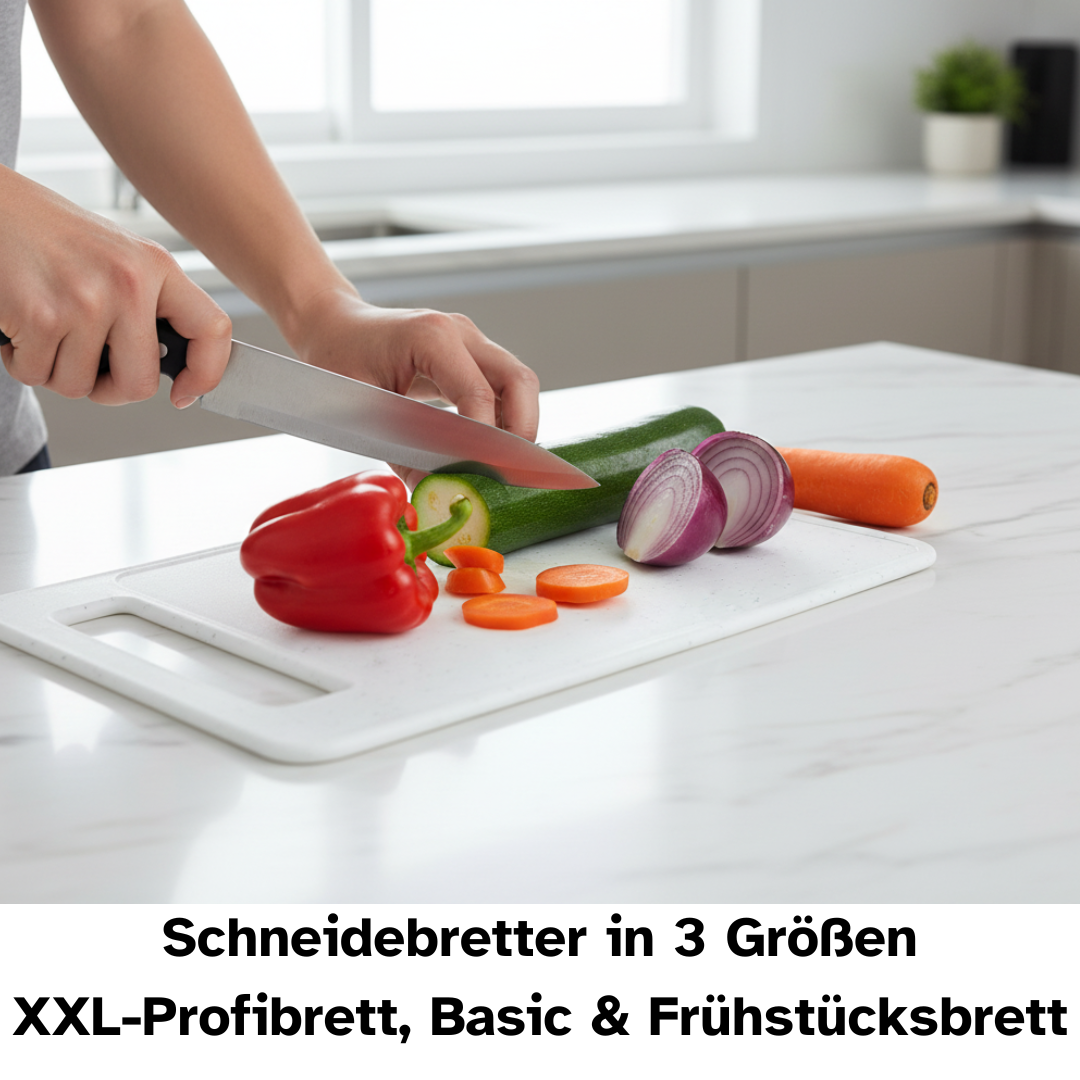 Schneidebrett, im Set sind 3 Größen enthalten. XXL-Profibrett, Basic- und Frühstücksbrett.