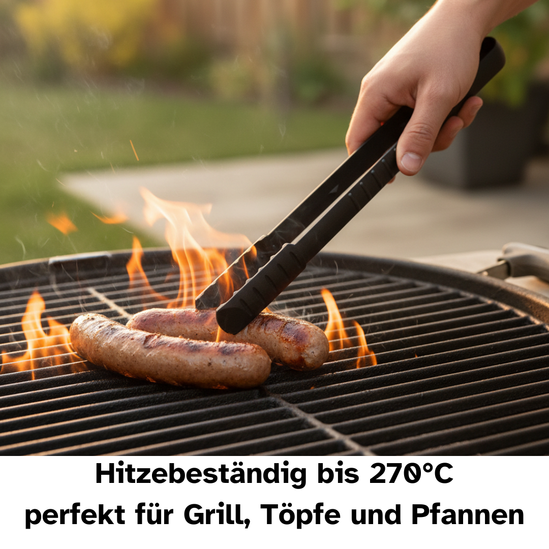 Grillzange aus Kunststoff 29,5 cm lang wendet ein Würstchen auf dem Grill.