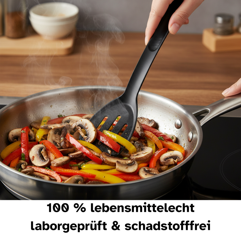 Bratgutwender aus anti-Kratz-Kunststoff wendet Gemüse in beschichteter Pfanne – schonend für empfindliche Oberflächen.