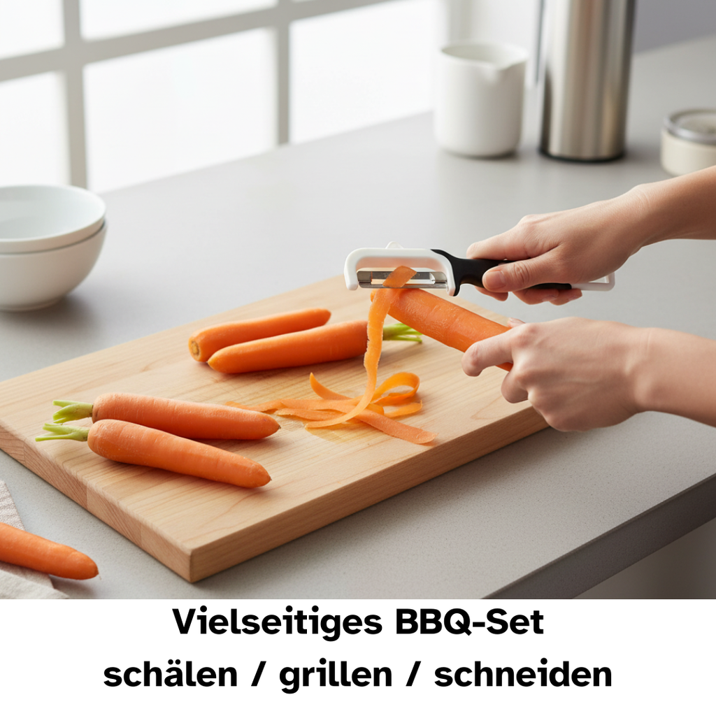 Gemüseschäler im Einsatz beim Schälen einer Karotte.