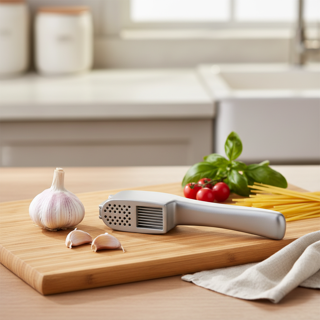 Knoblauchpresse in Silber, geschlossen und auf einem Schneidebrett liegend.